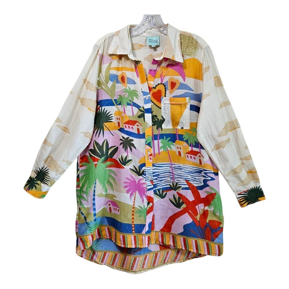 TRUE DESTINATIONS Women's M Tunic Blouse Multicolor Tropical Beach Scene 42"